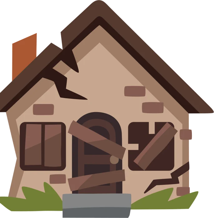 A run-down house with cracked walls and boarded-up windows